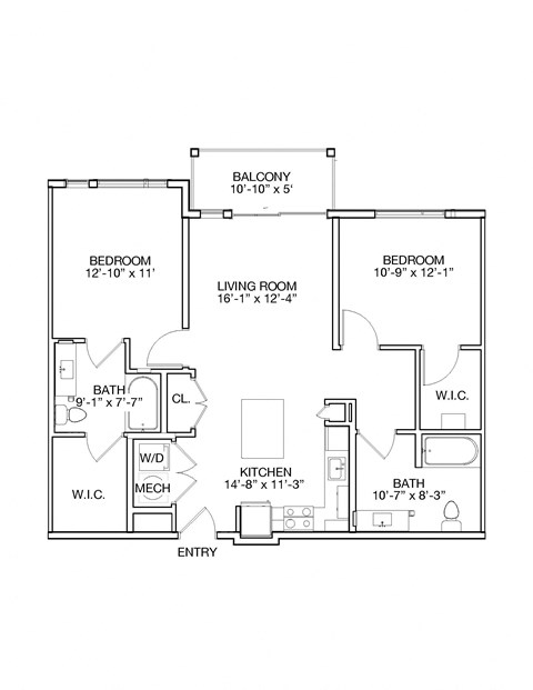 Floor plan for 2 beds, 2 baths, 984 sqft